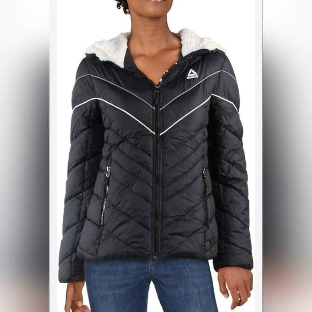REEBOK BLACK WOMEN PUFFER JACKET DOWN ALTERNATIVE COAT SIZE MEDIUM
